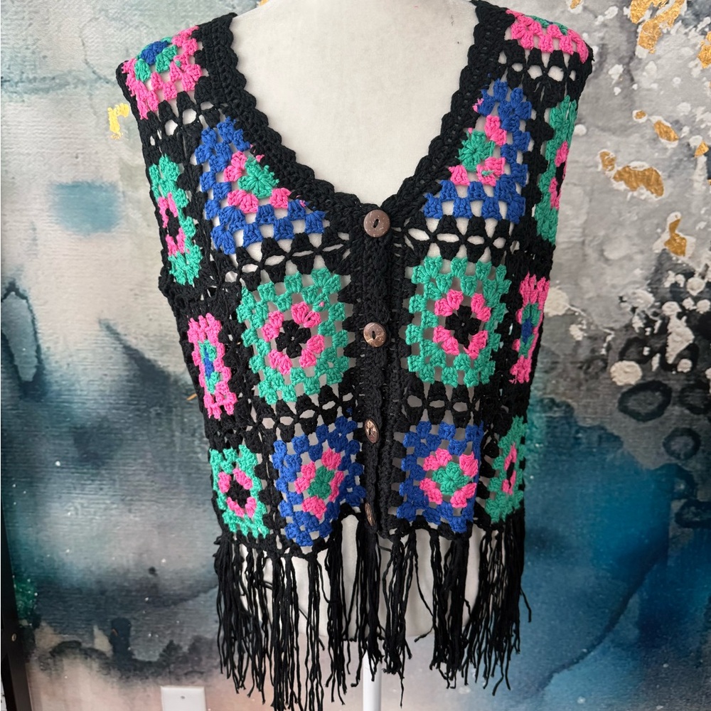 Umgee | Black Multicolor Crochet Fringe Sweater